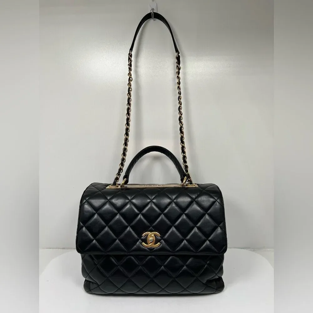 Chanel Large Trendy Top Handle Black Quilted Shoulder Hand Bag Gold Hardware